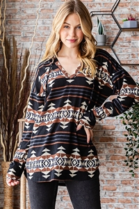 HM-ET7376-25-BKMLT-LONG SLEEVE V NECK DRAWSTRING HOOD AZTEC PRINT HOODIE TOP WITH ROUND HEM DETAIL-BLACK MULTI-2-2-2