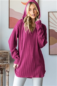 HM-ET7376-29-MGT-LONG SLEEVE V NECK DRAWSTRING HOOD SOLID RIBBED HOODIE TOP WITH ROUND HEM DETAIL-MAGENTA-2-2-2