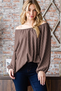 HM-ET7382-10-MC-LONG PUFF SLEEVE ROUND NECK WITH ELASTIC SOLID SWISS DOTS FLARE TOP-MOCHA-2-2-2