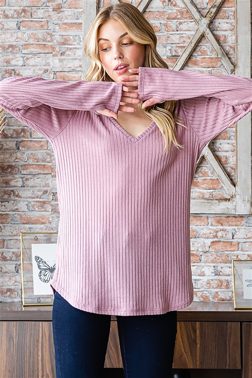 HM-ET7386-10-MV-LONG SLEEVE V NECK SOLID RIBBED TOP WITH THUMBHOLE AND ROUND HEM DETAIL-MAUVE-2-2-2