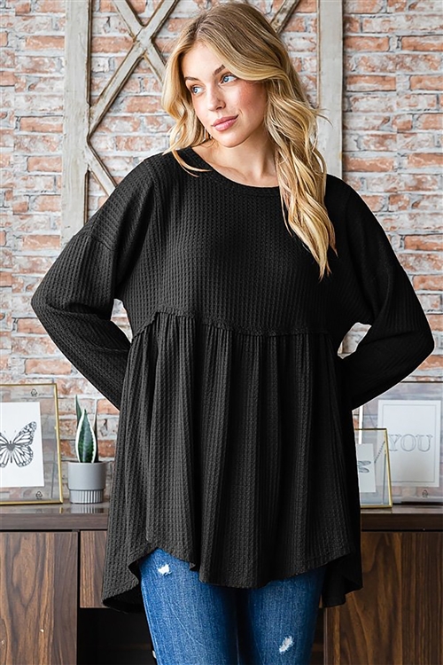 HM-ET7390-10X-BK-PLUS SIZE LONG SLEEVE ROUND NECK SOLID WAFFLE BABYDOLL TOP WITH ROUND HEM DETAIL-BLACK-2-2-2