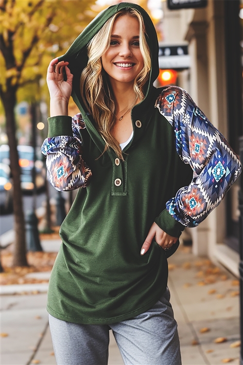 HM-ET7407-10-OV-LONG PUFF SLEEVE SOLID AND AZTEC PRINT CONTRAST HOODIE TOP WITH FRONT BUTTON DETAIL-OLIVE-2-2-2