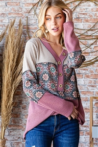 HM-ET7417-10X-MV-LONG SLEEVE V NECK SOLID WAFFLE AND GEOMETRIC PRINT TOP WITH BUTTON PLUS-MAUVE-2-2-2