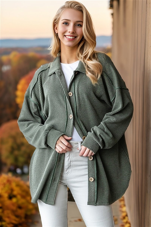 (PRE ORDER 10-18-24) HM-ET7425-11-OV-LONG PUFF SLEEVE COLLAR NECK SOLID URBAN RIBBED BUTTON DOWN TOP WITH ROUND HEM-OLIVE-2-2-2