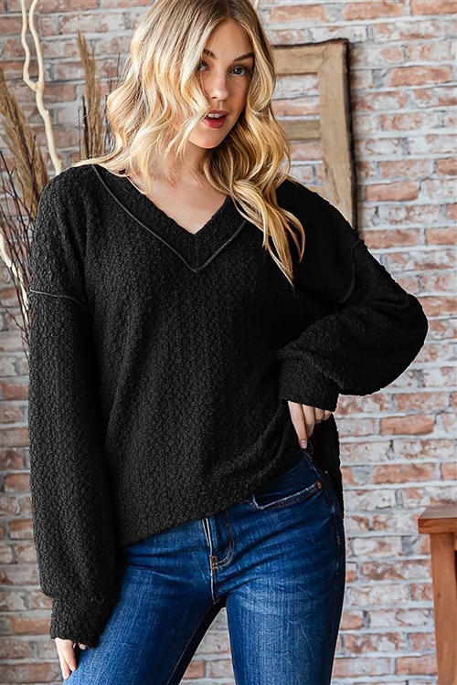 HM-ET7426-13-BK-LONG PUFF SLEEVE V NECK SOLID TOP WITH STITCH DETAIL-BLACK-2-2-2