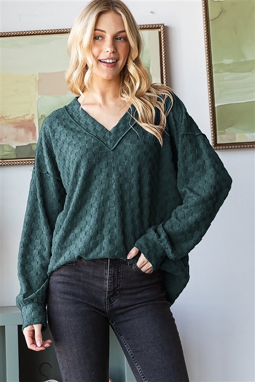 HM-ET7426-22-HTGN-LONG PUFF SLEEVE V NECK SOLID BRUSHED CHECKERED JACQUARD KNIT TOP WITH STITCH DETAIL-HUNTER GREEN-2-2-2