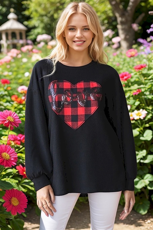 HM-ET7449-19-BK-LONG PUFF SLEEVE ROUND NECK SOLID URBAN RIBBED TOP WITH VALENTINE'S DAY PATCH DETAIL-BLACK-2-2-2