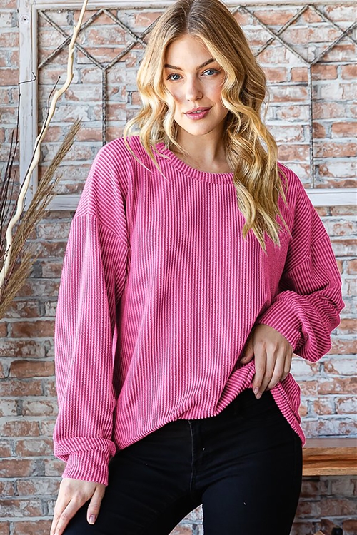 HM-ET7470-10-HPK-LONG PUFF SLEEVE ROUND NECK SOLID URBAN RIBBED TOP-HOT PINK-2-2-2