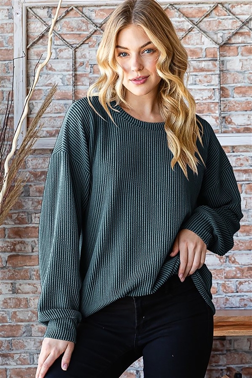 HM-ET7470-10-HTGN-LONG PUFF SLEEVE ROUND NECK SOLID URBAN RIBBED TOP-HUNTER GREEN-2-2-2