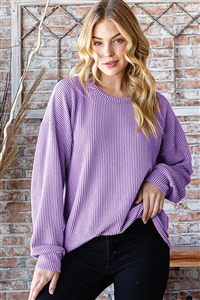 HM-ET7470-10-VIO-LONG PUFF SLEEVE ROUND NECK SOLID URBAN RIBBED TOP-VIOLET-2-2-2