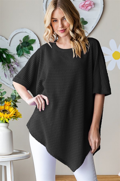 S35-1-1-HM-ET7482-10X-BK - PLUS SIZE SHORT SLEEVE ROUND NECK SOLID WAFFLE ASYMMETRICAL TOP- BLACK 2-2-2