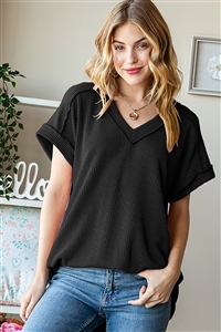 HM-ET7484-10-BK-DOLMAN SHORT SLEEVE WITH BAND V NECK WITH BAND SOLID URBAN RIBBED TOP-BLACK-2-2-2