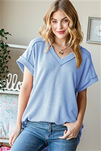 HM-ET7484-10-LTBL-DOLMAN SHORT SLEEVE WITH BAND V NECK WITH BAND SOLID URBAN RIBBED TOP-LT BLUE-2-2-2