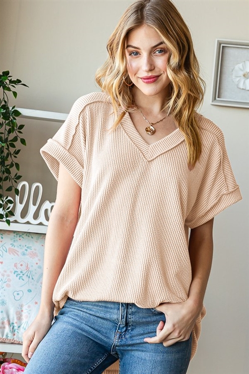 S35-1-1-HM-ET7484-10-TP - DOLMAN SHORT SLEEVE WITH BAND V NECK WITH BAND SOLID URBAN RIBBED TOP- TAUPE-2-2-2