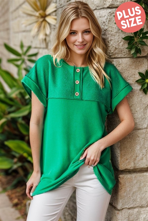 S35-1-1-HM-ET7495-11X-KG - PLUS SIZE DOLMAN SHORT SLEEVE ROUND NECK SOLID REVERSE CONTRAST TOP- KELLY GREEN 2-2-2