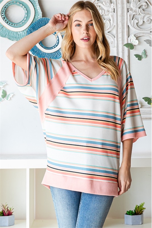 S35-1-1-HM-ET7505-11-IVMLT - DOLMAN HALF SLEEVE V NECK STRIPE PRINT TOP- IVORY MULTI 2-2-2