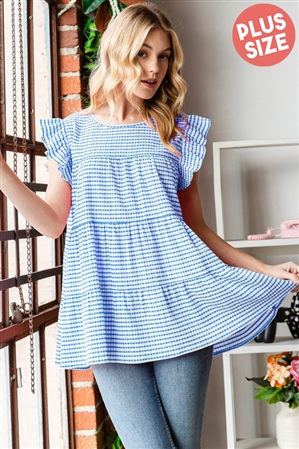 S35-1-1-HM-ET7506-10X-LTBL - PLUS SIZE BUTTERFLY SHORT SLEEVE ROUND NECK PLAID PRINT TIERED TOP- LIGHT BLUE 2-2-2