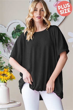 S35-1-1-HM-ET7512-11X-BK - PLUS SIZE DOLMAN SHORT PUFF SLEEVE ROUND NECK SOLID JACARD TOP- BLACK 2-2-2