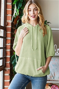 HM-ET7513-10-LTSG-DOLMAN SHORT PUFF SLEEVE SOLID URBAN RIBBED HOODIE TOP WITH KANGAROO POCKET DETAIL-LT SAGE-2-2-2