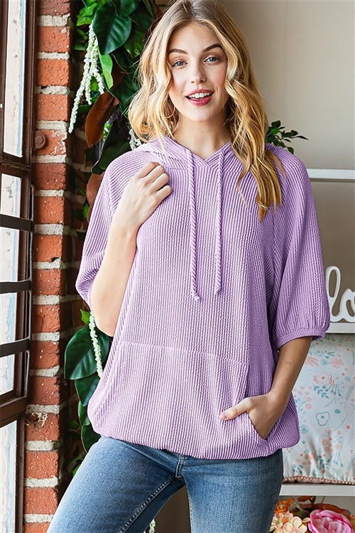 HM-ET7513-10-LV-DOLMAN SHORT PUFF SLEEVE SOLID URBAN RIBBED HOODIE TOP WITH KANGAROO POCKET DETAIL-LAVENDER-2-2-2