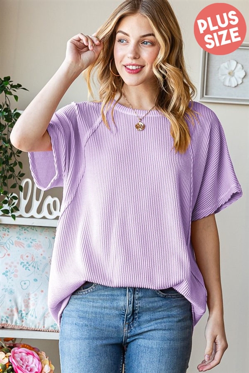 S35-1-1-HM-ET7518-10X-LV - PLUS SIZE ROUND NECK SOLID URBAN RIBBED TOP WITH STITCH- LAVENDER 2-2-2