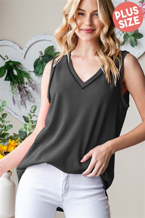 S35-1-1-HM-ET7521-10X-CH - PLUS SIZE SLEEVELESS WITH BAND V NECK WITH BAND SOLID TOP WITH ROUND- CHARCOAL 2-2-2