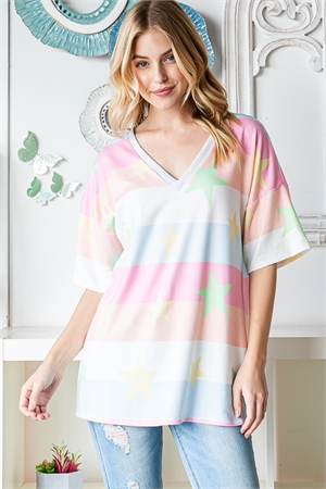 S35-1-1-HM-ET7586-10-PKMLT - SHORT SLEEVE V NECK STRIPE AND STAR PRINT TOP- PINK MULTI 2-2-2