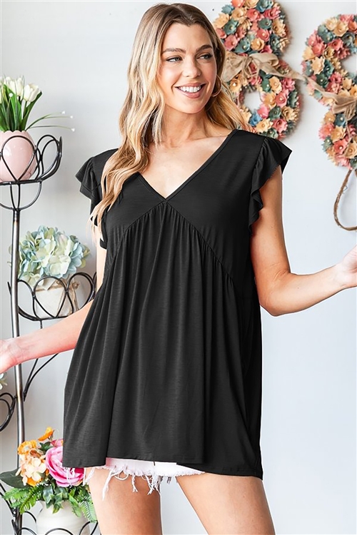 S35-1-1-HM-ET7589-11-BK - BUTTERFLY SHORT SLEEVE V NECK SOLID BABYDOLL TOP WITH BACK SELF TIE- BLACK 2-2-2