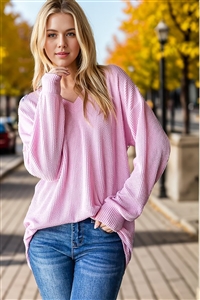 HM-ET7618-10-PKNW-LONG PUFF SLEEVE ROUND NECK SOLID URBAN RIBBED TOP-PINK NEW-2-2-2