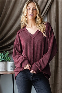 HM-ET7650-10-BU-LONG PUFF SLEEVE V NECK SOLID URBAN RIBBED TOP WITH STITCH DETAIL-BURGUNDY-2-2-2