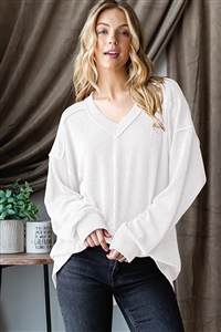 HM-ET7650-10-IV-LONG PUFF SLEEVE V NECK SOLID URBAN RIBBED TOP WITH STITCH DETAIL-IVORY-2-2-2