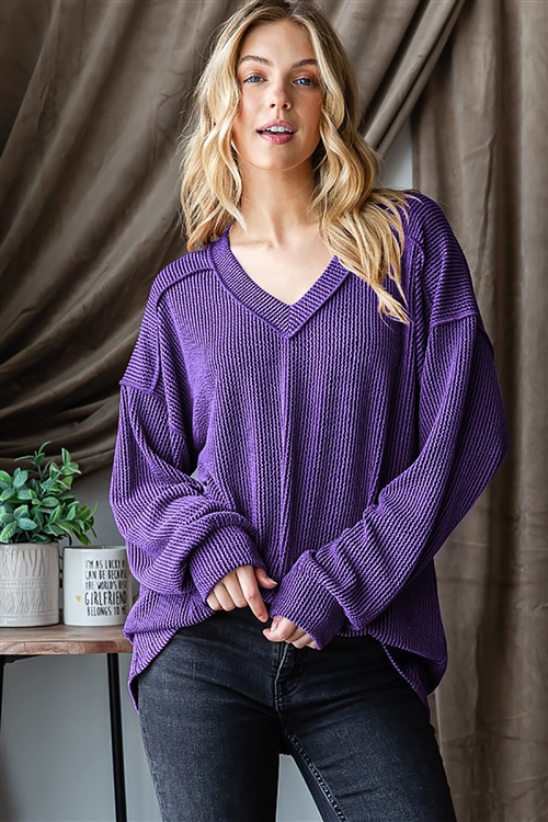 HM-ET7650-10-PU-LONG PUFF SLEEVE V NECK SOLID URBAN RIBBED TOP WITH STITCH DETAIL-PURPLE-2-2-2