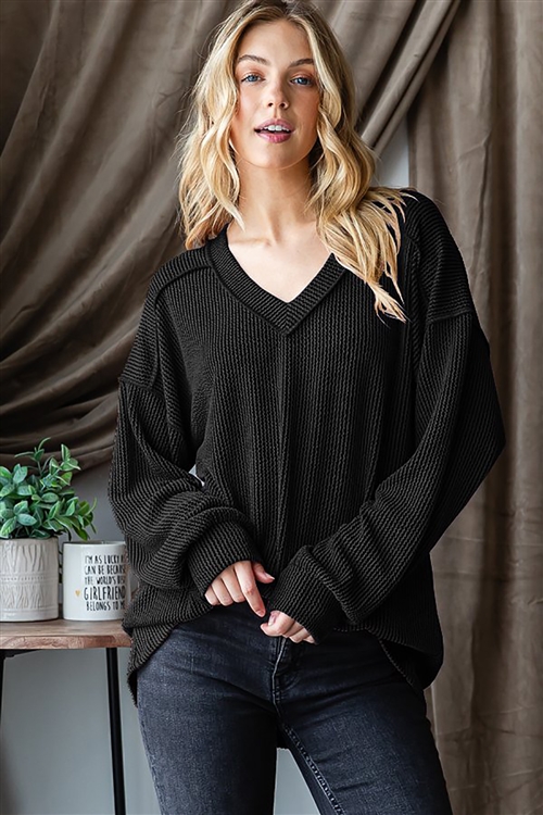 HM-ET7650-10X-BK-PLUS SIZE LONG PUFF SLEEVE V NECK SOLID URBAN RIBBED TOP WITH STITCH DETAIL-BLACK-2-2-2