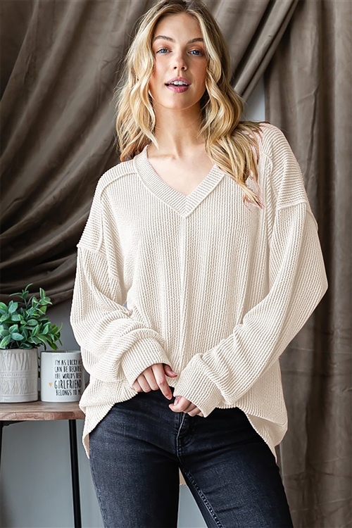 HM-ET7650-10X-CRM-PLUS SIZE LONG PUFF SLEEVE V NECK SOLID URBAN RIBBED TOP WITH STITCH DETAIL-CREAM-2-2-2