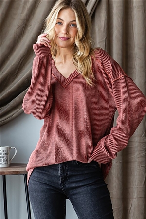 HM-ET7650-10X-RU-PLUS SIZE LONG PUFF SLEEVE V NECK SOLID URBAN RIBBED TOP WITH STITCH DETAIL-RUST-2-2-2