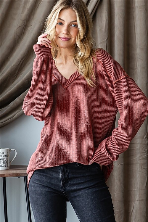 HM-ET7650-10X-RU-PLUS SIZE LONG PUFF SLEEVE V NECK SOLID URBAN RIBBED TOP WITH STITCH DETAIL-RUST-2-2-2