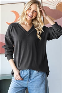 HM-ET7650-19-BK-LONG PUFF SLEEVE V NECK SOLID TOP-BLACK-2-2-2