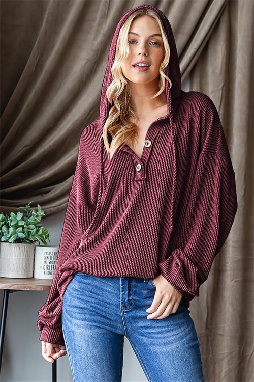 HM-ET7651-10-BU-LONG SLEEVE DRAWSTRING HOOD SOLID URBAN RIBBED HOODIE TOP WITH FRONT BUTTON DETAIL-BURGUNDY-2-2-2