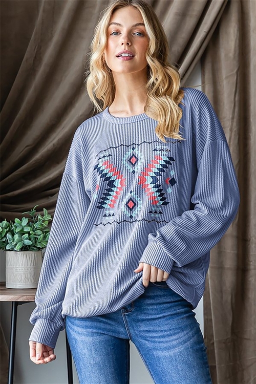 HM-ET7654-10-DNMVG-LONG PUFF SLEEVE ROUND NECK AZTEC PRINT TOP-DENIM VINTAGE-2-2-2