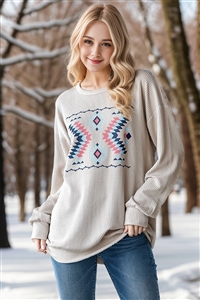 HM-ET7654-10-TP-LONG PUFF SLEEVE ROUND NECK AZTEC PRINT TOP-TAUPE-2-2-2