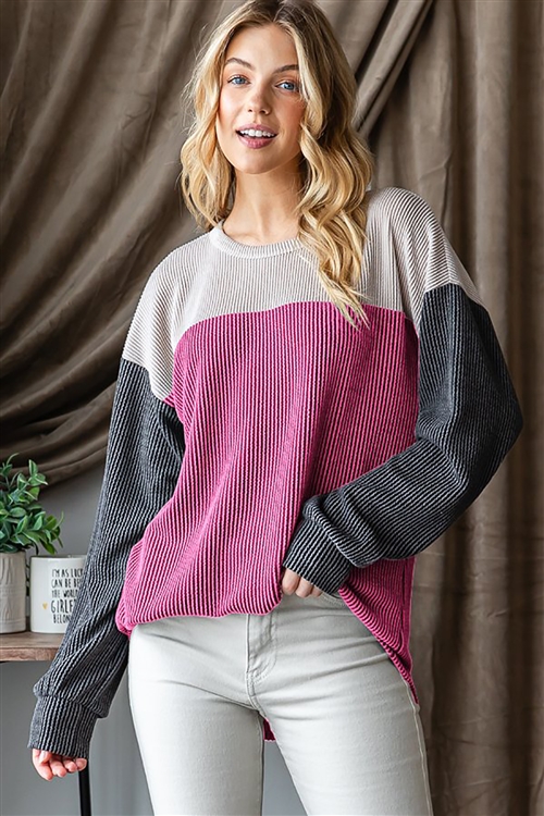 HM-ET7662-10-HPK-LONG PUFF SLEEVE ROUND NECK URBAN RIBBED COLOR BLOCK TOP-HOT PINK-2-2-2