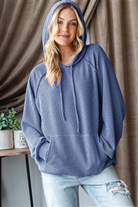 HM-ET7665-14-DNMVG-LONG PUFF SLEEVE DRAWSTRING HOOD SOLID URBAN RIBBED HOODIE TOP W/ KANGAROO POCKET-DENIM VINTAGE-2-2-2