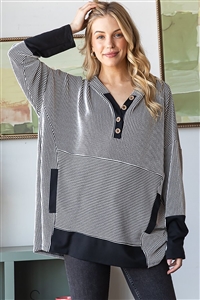 HM-ET7666-18-BKOFW-LONG SLEEVE STRIPE AND SOLID CONTRAST HOODIE TOP WITH KANGAROO POCKET-BLACK/OFFWHITE-2-2-2