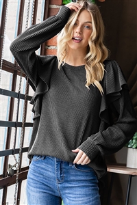 HM-ET7671-10-CH-LONG RUFFLED SLEEVE ROUND NECK SOLID URBAN RIBBED TOP-CHARCOAL-2-2-2