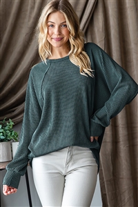 HM-ET7673-10X-HTGN-PLUS SIZE LONG PUFF SLEEVE ROUND NECK SOLID URBAN RIBBED TOP WITH STITCH DETAIL-HUNTER GREEN-2-2-2