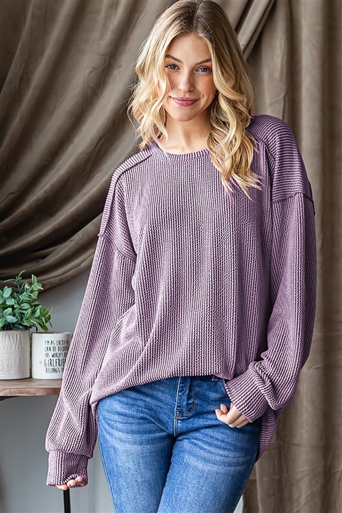 HM-ET7684-10-DSLVD-LONG PUFF SLEEVE ROUND NECK SOLID URBAN RIBBED TOP WITH STITCH DETAIL-DUSTY LAVENDER-2-2-2