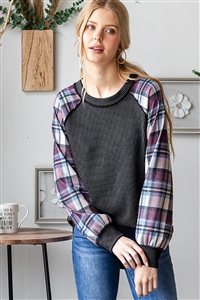 HM-ET7689-12-CH-LONG PUFF SLEEVE ROUND NECK SOLID URBAN RIBBED & PLAID PRINT CONTRAST TOP-CHARCOAL-2-2-2