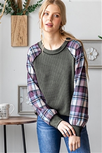 HM-ET7689-12-OV-LONG PUFF SLEEVE ROUND NECK SOLID URBAN RIBBED & PLAID PRINT CONTRAST TOP-OLIVE-2-2-2