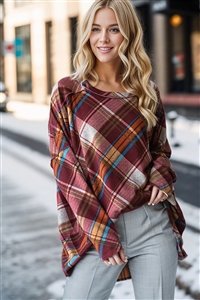 HM-ET7690-11-BUMLT-LONG SLEEVE ROUND NECK PLAID PRINT TOP WITH STITCH DETAIL-BURGUNDY MULTI-2-2-2