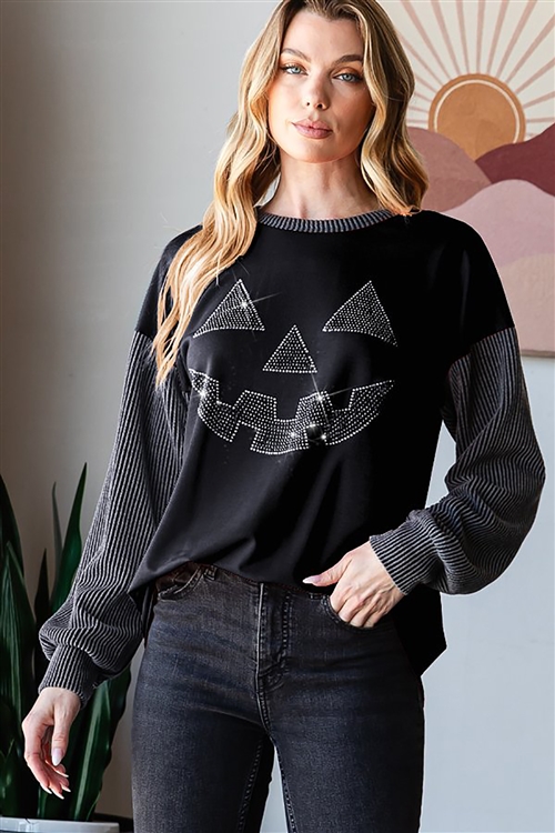 HM-ET7706-10-BK-LONG PUFF SLEEVE ROUND NECK SOLID URBAN RIBBED HOLLOWEEN RHINESTONE TOP-BLACK-2-2-2